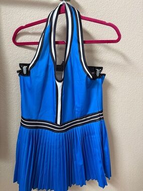 Blue Pleated Tennis Dress with Striped Trim
